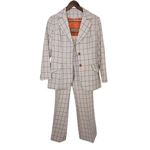 H Bar C Ranchwear Beige & Brown Checkered Pantsuit W/ Flair Pleated Pant Sz S